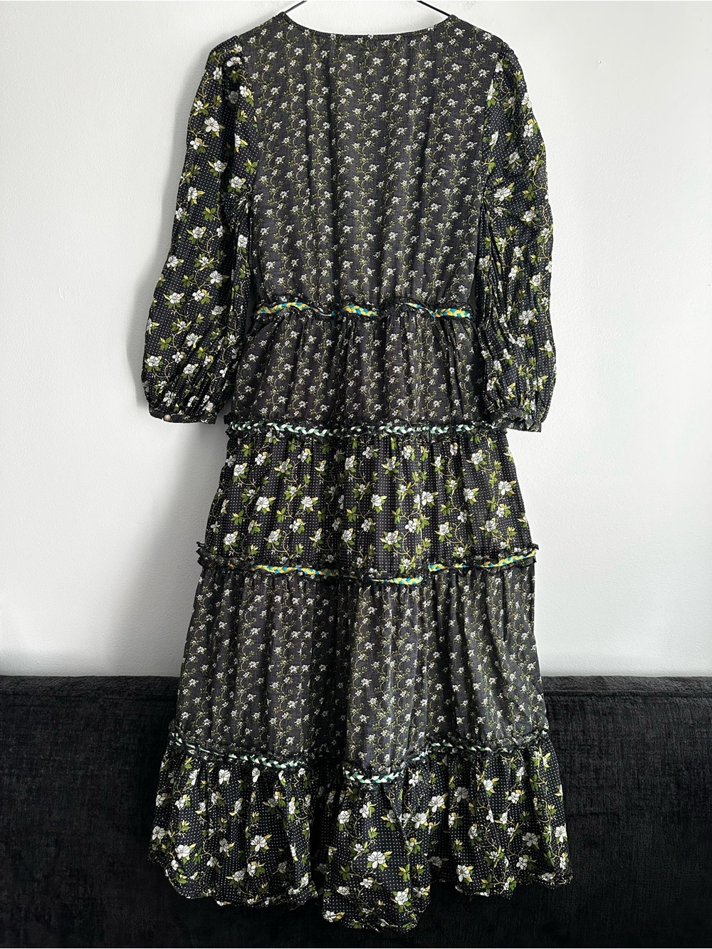 Anthropologie Karoline Black Floral Tiered Maxi Dress with Green Accents Small - Picture 6 of 16